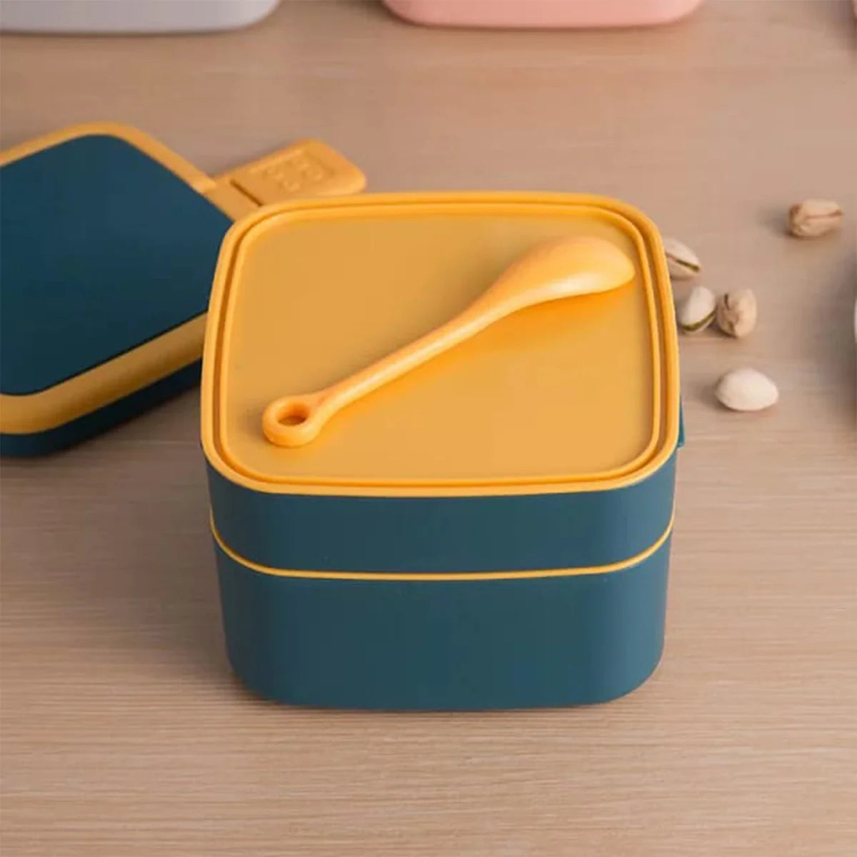 Blue Double-Layer Portable Bento Lunch Box - Stackable with Handle & Spoon